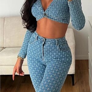 Fashion Nova Denim Cropped Jacket and High-Waisted Jeans Set M 5
